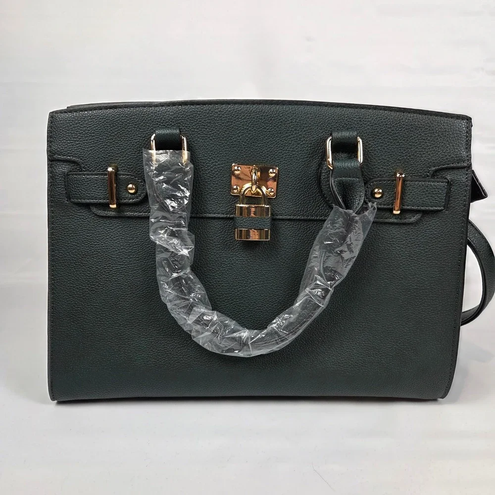 Dasein Satchel Handbag Dark Green Gold Lock Padlock Crossbody Tote Bag NWT Large